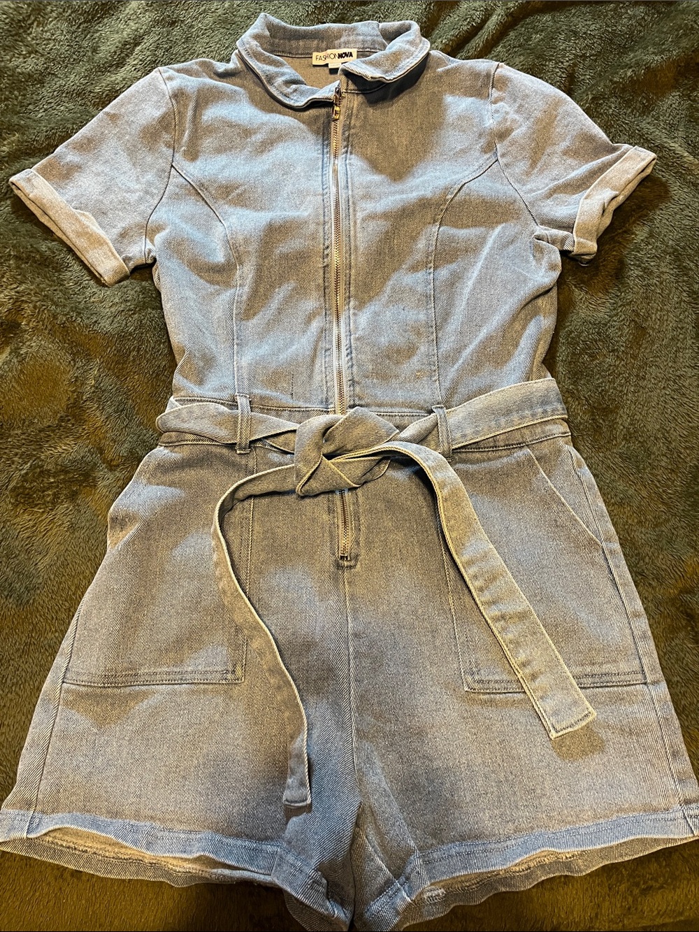 Fashion Nova Denim Short Sleeve Romper in Light Blue